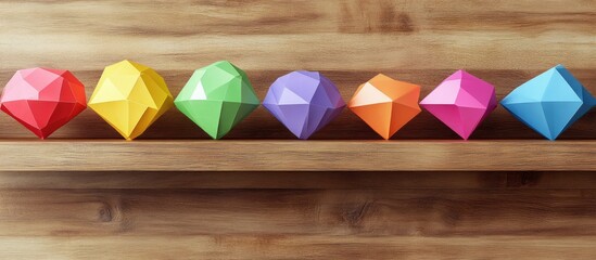 Colorful origami paper diamonds arranged on a wooden shelf, featuring vibrant yellow, red, green, blue, and pink hues in a linear composition.