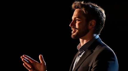 Professional man delivering an engaging speech on stage with dramatic lighting and audience in shadow