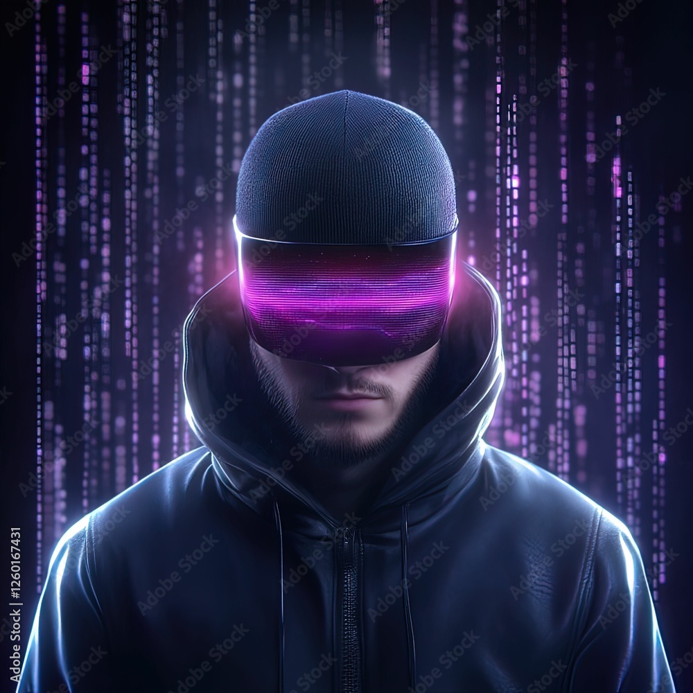 Poster cyberpunk hacker in glowing visors futuristic city digital neon environment close-up view cybersecur