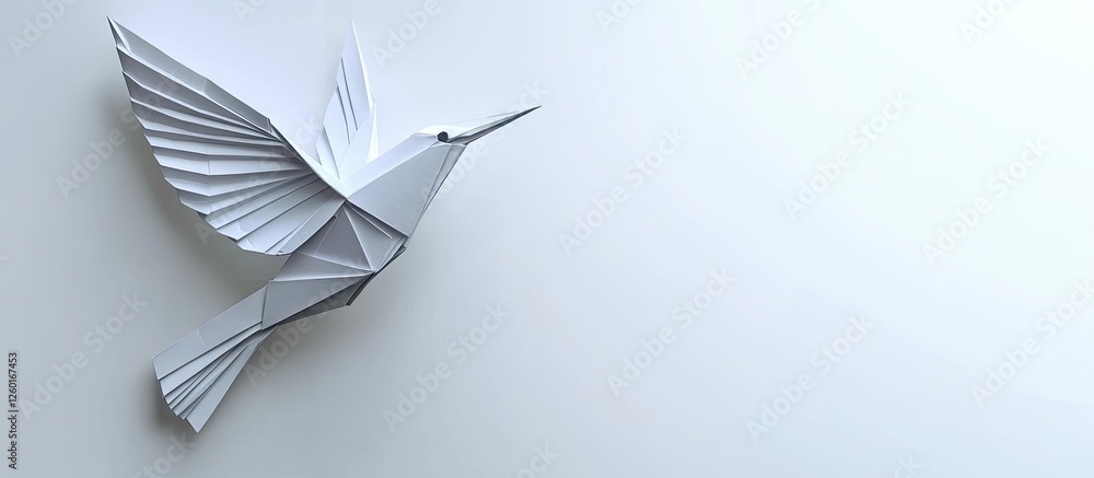 Aufkleber origami gray paper hummingbird in flight positioned on the left of a soft white background with ampl