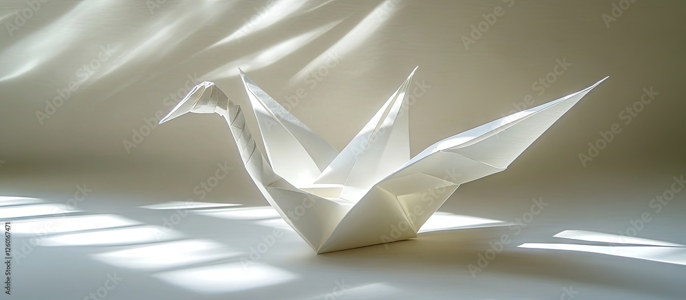 Poster elegant white paper origami crane illuminated by soft light and shadows against a pale background cr