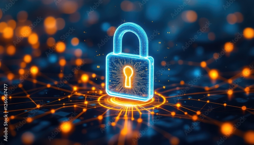 Poster glowing digital lock on abstract network background symbolizing cybersecurity