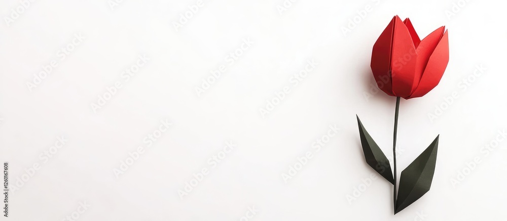 Poster red origami tulip on a white background positioned to the right with green leaves creating a minimal