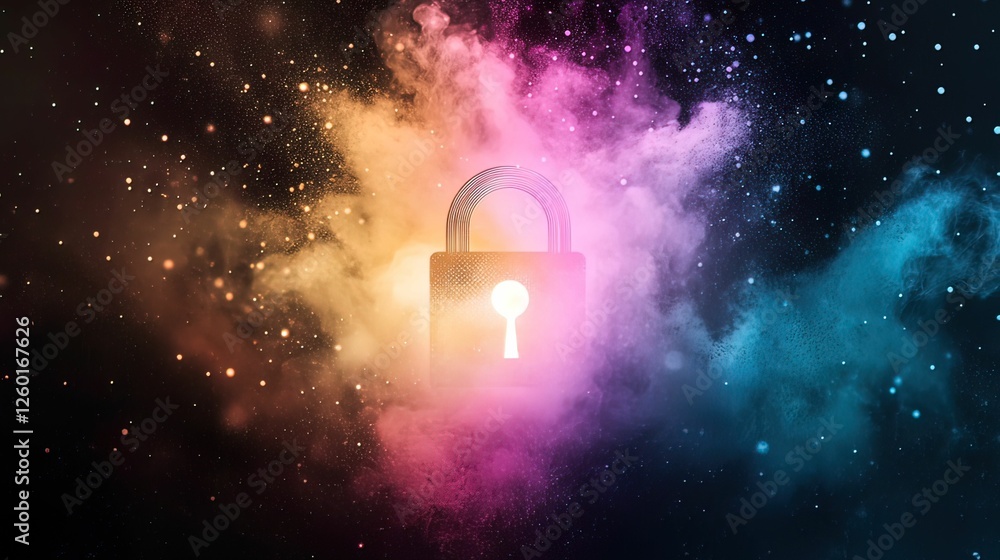 Poster cyber hack visualized as a glowing padlock breaking open digital environment concept vibrant aesthet
