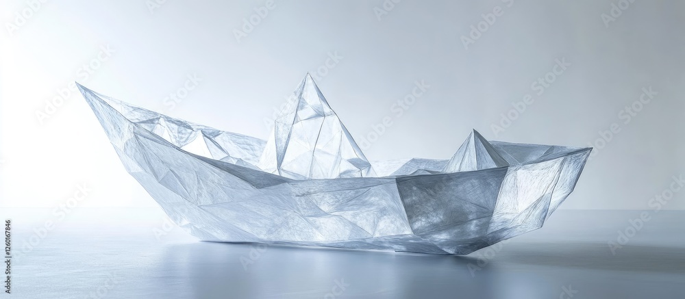 Poster origami paper ship in transparent colors positioned center-left on a soft white background with subt