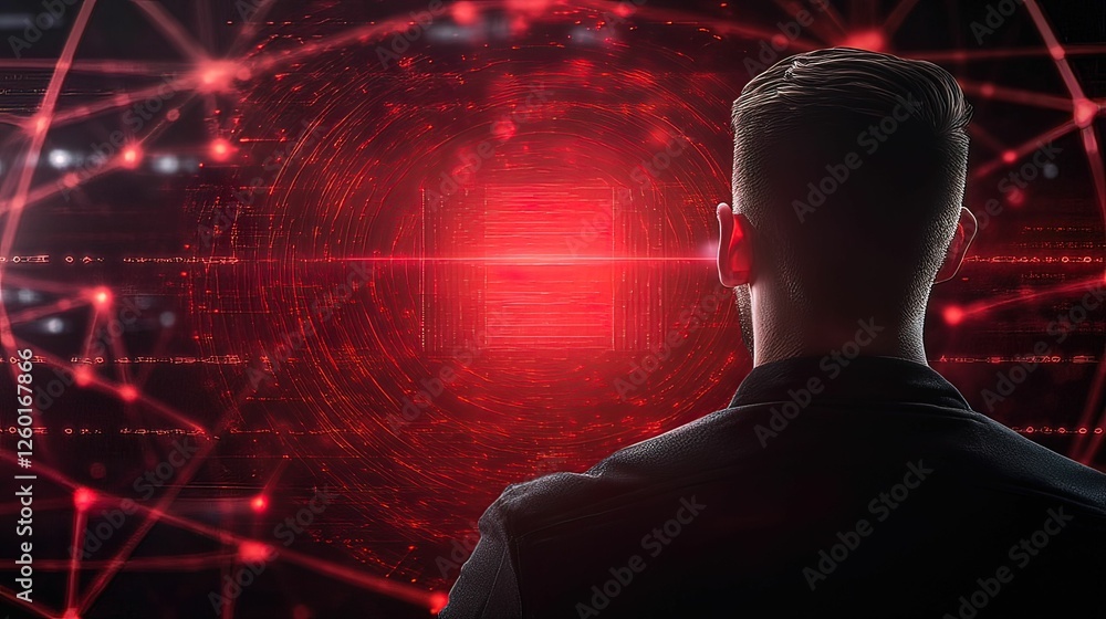 Poster cybersecurity expert protecting data against hackers in a digital landscape intense environment secu