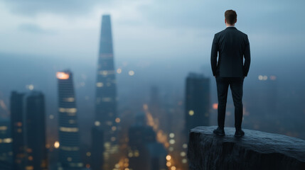 Plakat businessman standing on cliff edge, gazing at city skyline at dusk, symbolizing ambition and opportunity