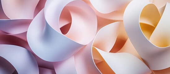Abstract top view of intertwined pastel paper ribbons in soft shades of pink, peach, and cream, creating a dynamic flow of shapes and curves.
