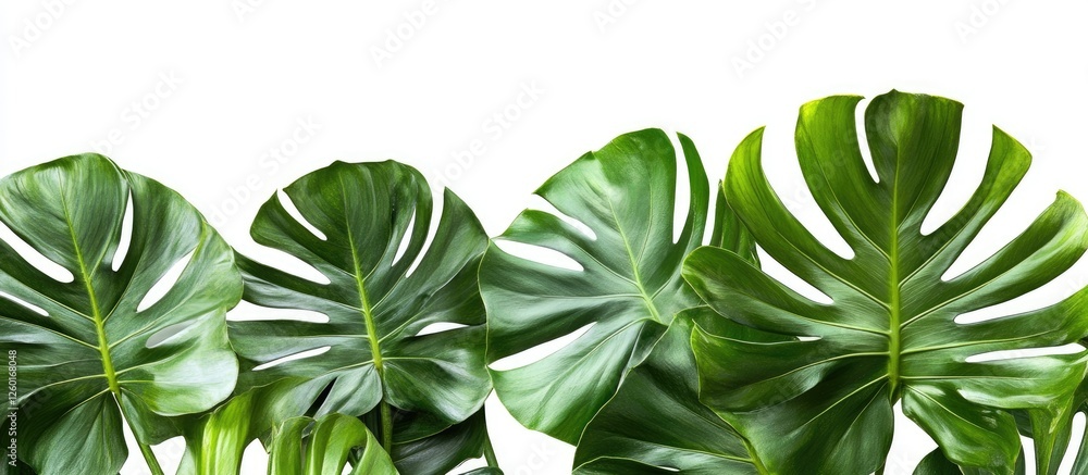 Poster lush green palm leaves arranged in a horizontal line against a clean white background showcasing the