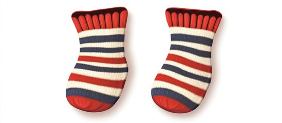 Obraz premium Striped woolen knitted socks in red, navy, and cream colors positioned symmetrically on a white background showcasing warmth and comfort