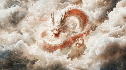 Sleeping Dragon Among the Clouds, a colossal dragon's serpentine body shrouded in mist, blending harmoniously with the ethereal landscape and vibrant watercolor hues.