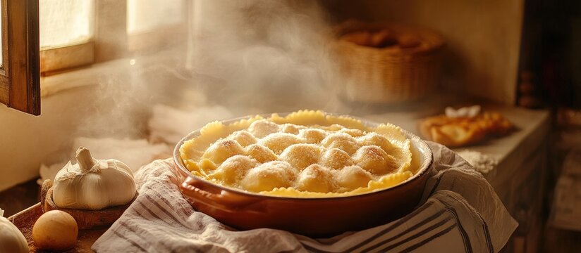 Traditional oven-baked tortello ravioli with a golden crust, steaming, placed in a rustic kitchen, warm tones of browns and creams, natural light.