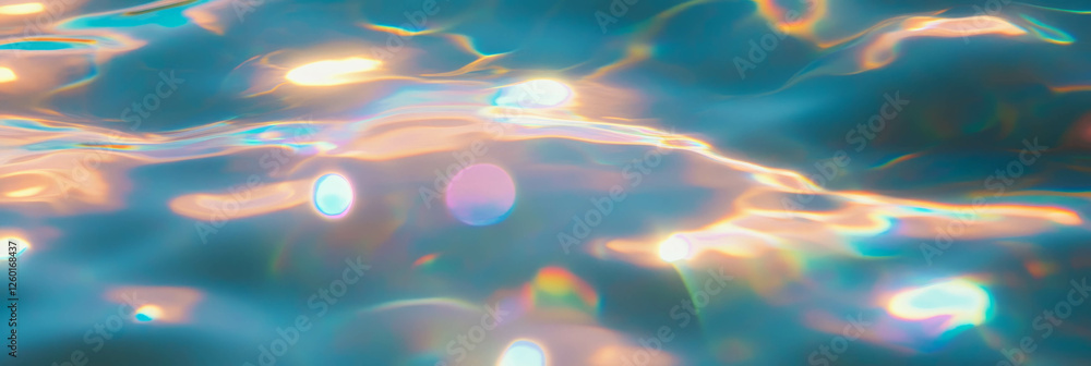 Poster Textures of shimmering light effects from overlapping and isolated bokeh in calm waters