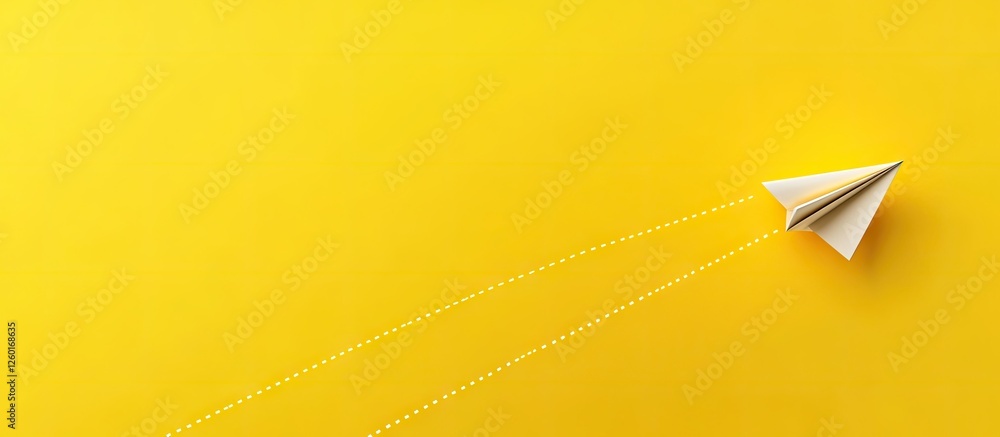 Poster paper airplane soaring on a vibrant yellow background with a dashed flight path, positioned in the t