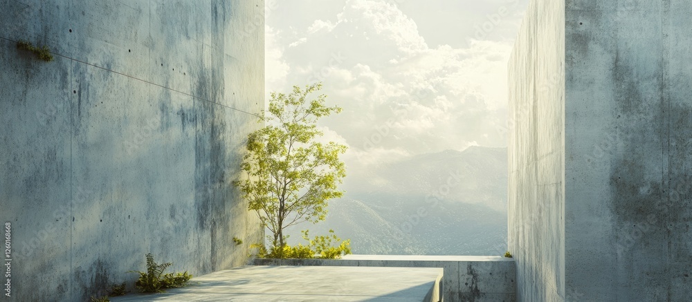 Poster panoramic view showcasing an abstract concrete structure with a lone green tree in the foreground ag