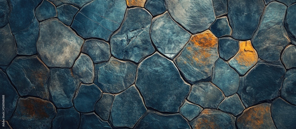 Poster textured background featuring a variety of blue and gray stones with hints of orange, arranged in a 