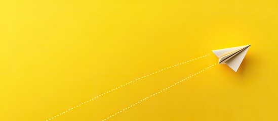 Paper airplane soaring on a vibrant yellow background with a dashed flight path, positioned in the top right corner for dynamic visual appeal.