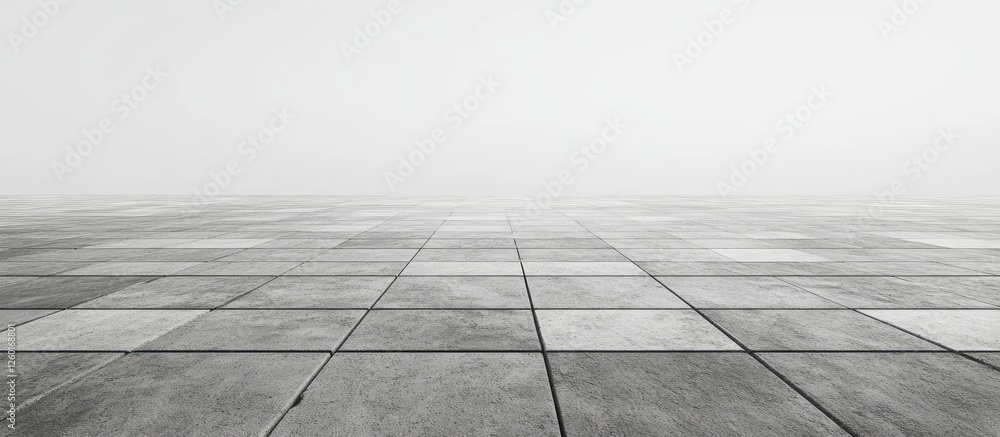 Poster panoramic view of a foggy skyline with a wide empty square floor of gray concrete tiles laid out in 