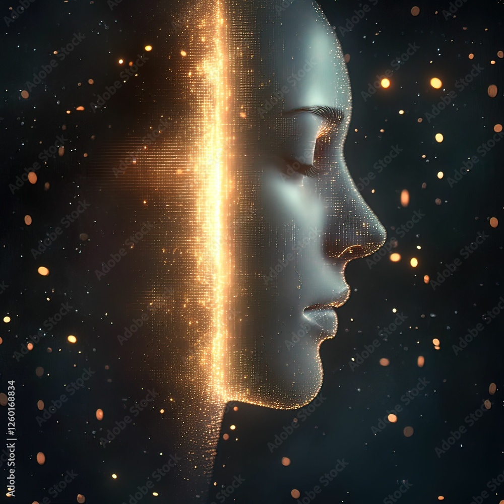 Poster Human faces compressed in abstract design digital surreal environment close-up view concept of isolation
