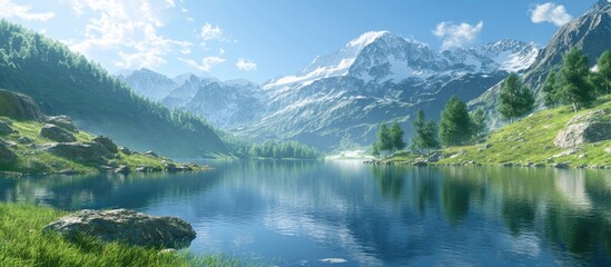 Tranquil panoramic view of a serene mountain lake reflecting snowy peaks under a clear blue sky with lush greenery in the foreground