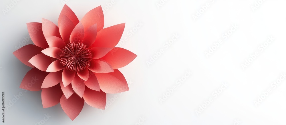 Poster pink paper flower in detailed layers positioned on the left side against a soft white background cre