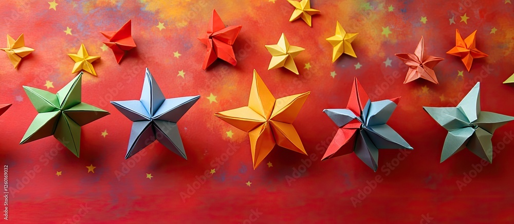 Aufkleber colorful origami stars in varying sizes arranged horizontally on a vibrant red and orange background