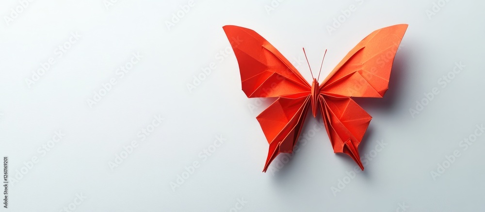 Aufkleber red origami butterfly positioned diagonally on a light grey background showcasing intricate folds an