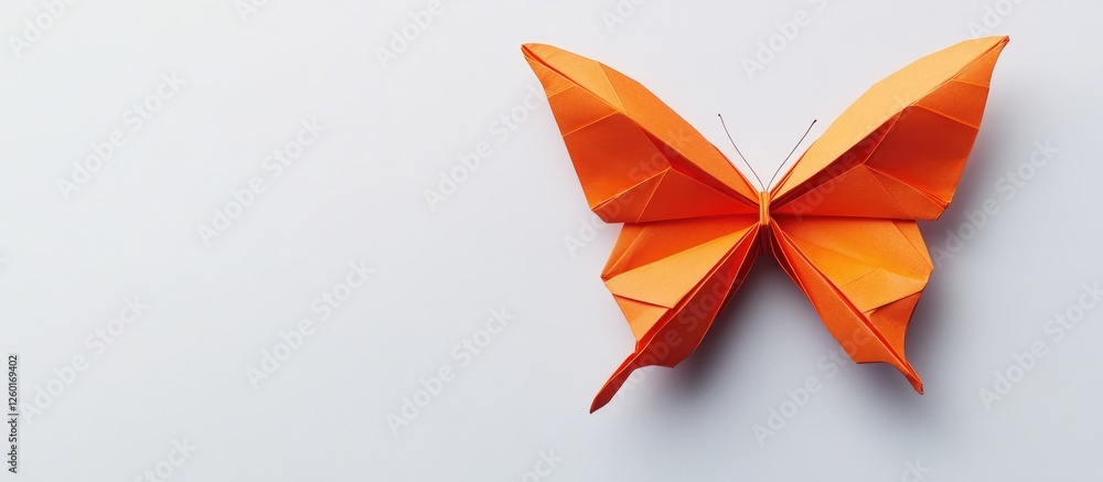 Poster orange origami butterfly positioned on the top right of a soft white background creating a serene an