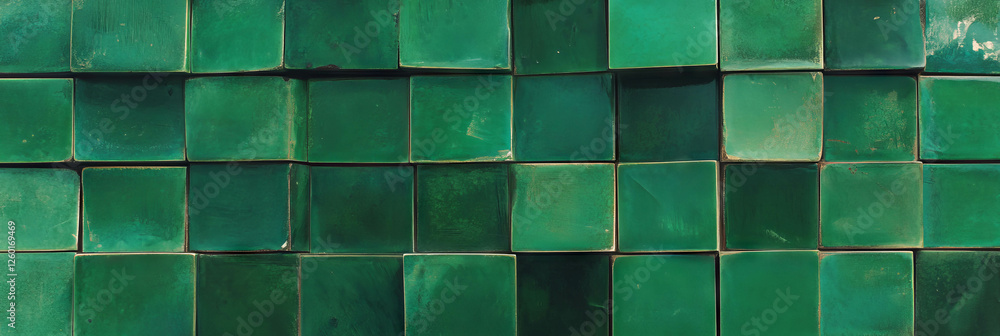 Poster Overlapping squares create textured pattern with muted greens on smooth glazed surface