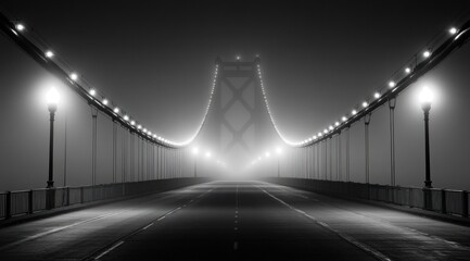 Foggy bridge at night, black and white.