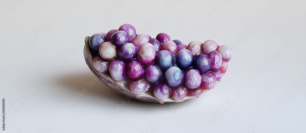 Poster vibrant purple and white spheres clustered in a shell on smooth white background showcasing natural 