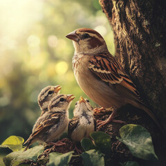 Hen nourishes her chicks in a serene natural setting during golden hour with soft sunlight filtering through trees. Generative AI