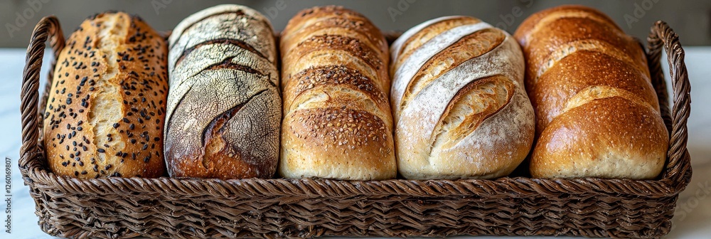Poster a woven basket filled with artisan breads featuring variegated crusts showcases the unique textures 