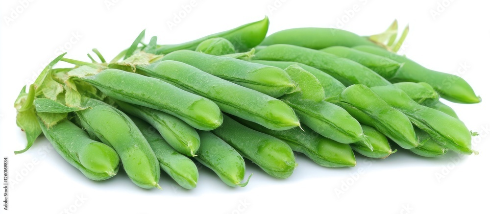 Poster fresh green peas arranged closely in a pod against a pristine white backdrop emphasizing their vibra