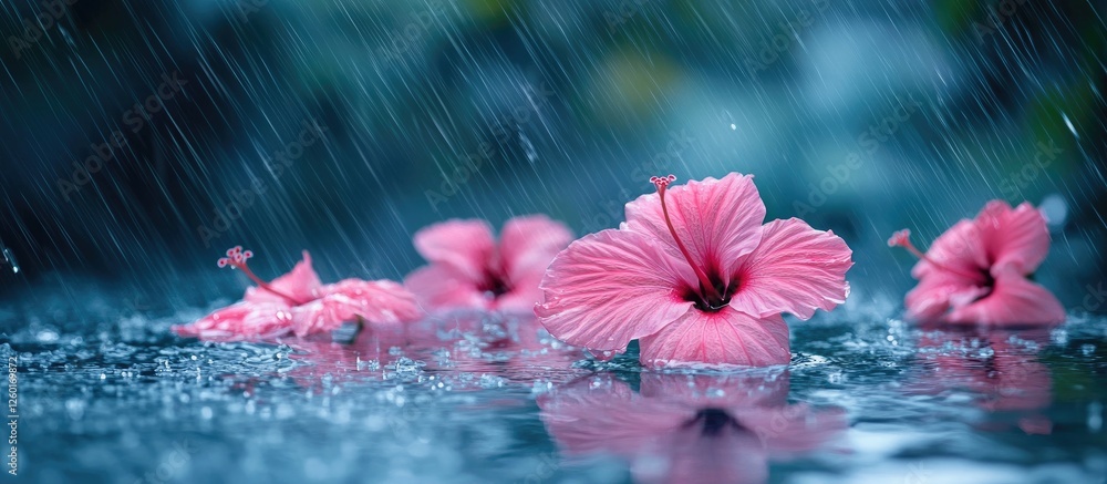 Poster pink hibiscus petals floating on calm water with rain in a blurred background creating a serene atmo