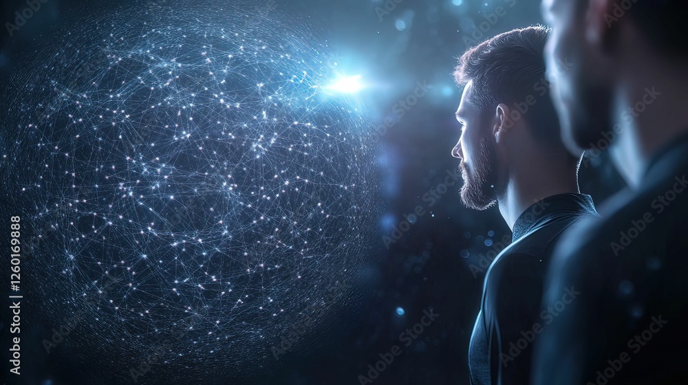 Poster futuristic security specialists analyze compressed data sphere high-tech lab digital visualization s