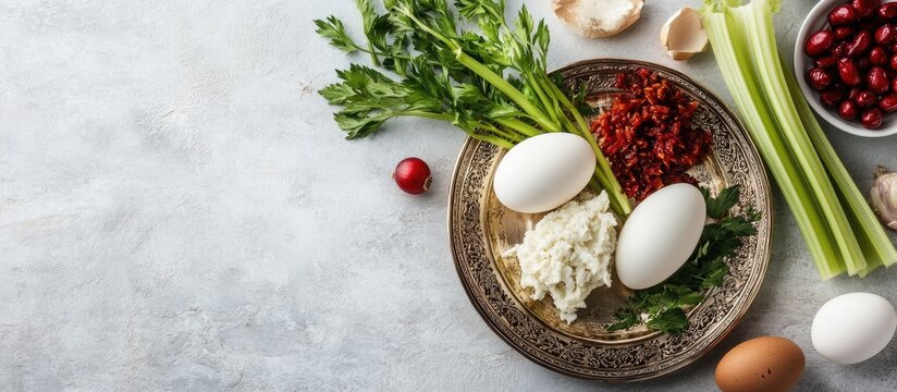 Passover celebration flat lay with traditional Seder plate featuring fresh horseradish celery eggs and bitter herbs on a light background.