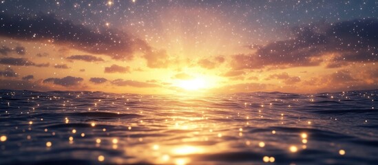 Vibrant sunset over calm ocean waters with golden and blue hues reflecting off gentle waves under a starry sky in the background