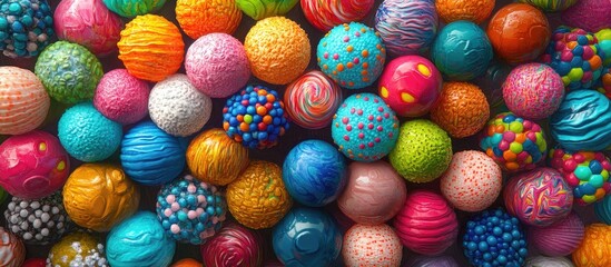 Fototapeta premium Vibrant colorful bouncy balls in various patterns and textures stacked closely together creating a lively and playful arrangement in bright hues