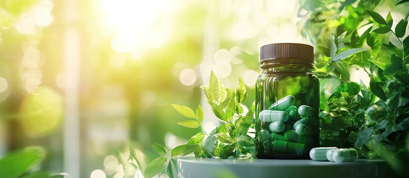 Green pharmacy supplement bottle surrounded by vibrant green plants in soft focus with warm sunlight enhancing the serene atmosphere