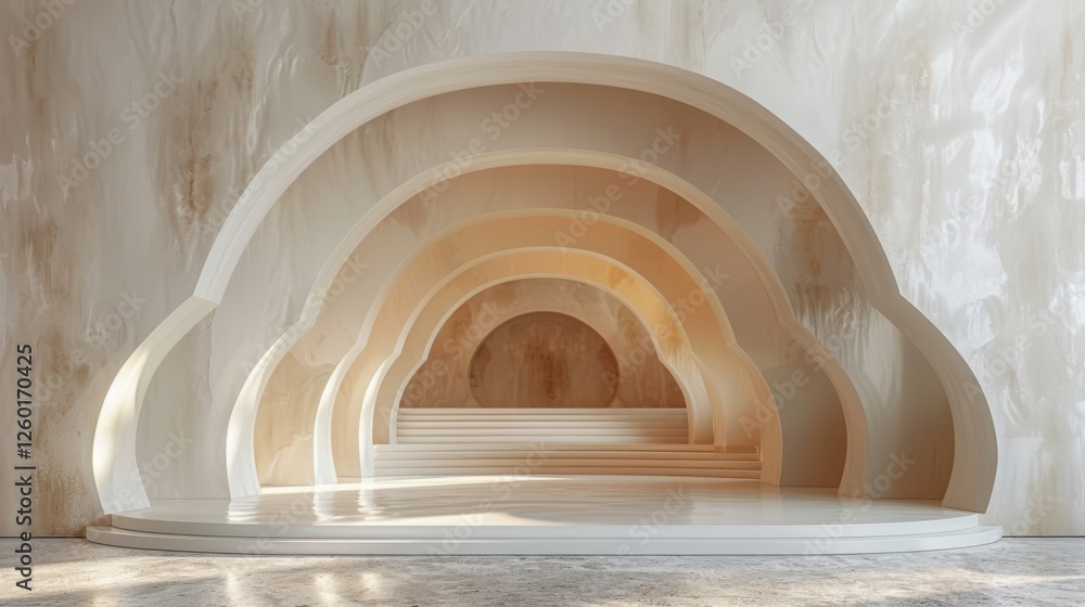 Poster abstract symmetrical modern wooden archway structure with curved design