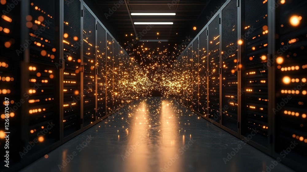 Poster cyber hack scene with glowing data streams in a server room digital futuristic environment tech conc