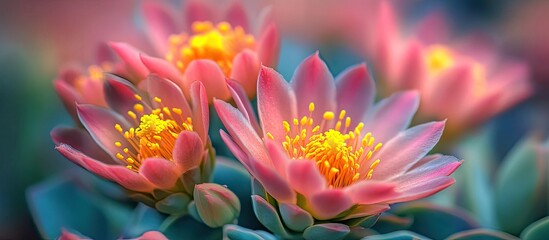 Obraz premium Vibrant pink succulents in full bloom with bright yellow stamens against a soft blue-green backdrop creating a striking floral contrast.