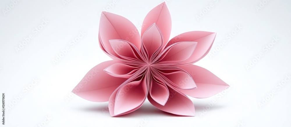 Poster delicate pink origami flower with layered petals centered on a clean white background showcasing ele