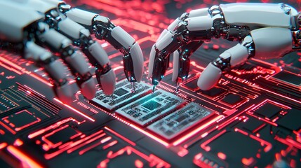 A futuristic image of robotic hands interacting with a glowing circuit board, symbolizing advanced technology and artificial intelligence.