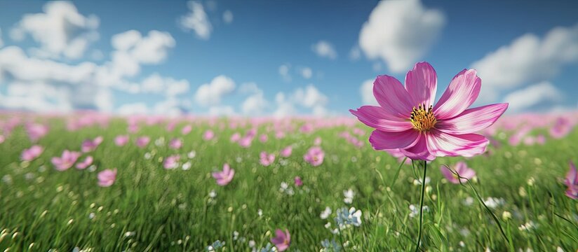 Vivid pink cosmos flower in the foreground with a lush green field under a bright blue sky dotted with fluffy white clouds in a summer garden.