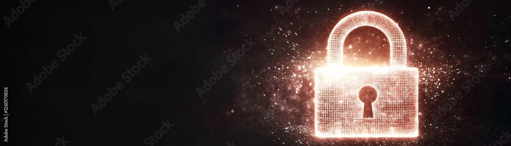 Poster digital fortress visualization massive glowing padlock representation cybersecurity concept abstract