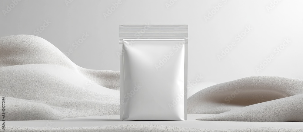 Poster minimalist product packaging on a smooth white surface with soft curves in the background creating a