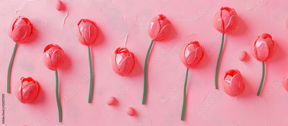 Poster pink tulips arranged in a row on a soft pink background with green stems and small petals creating a