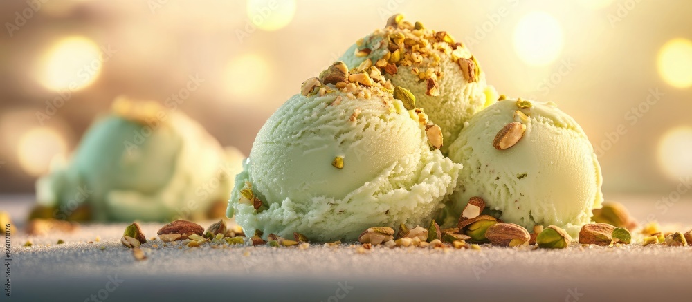 Poster pistachio ice cream scoops topped with crushed nuts on a soft surface glistening under warm bokeh li